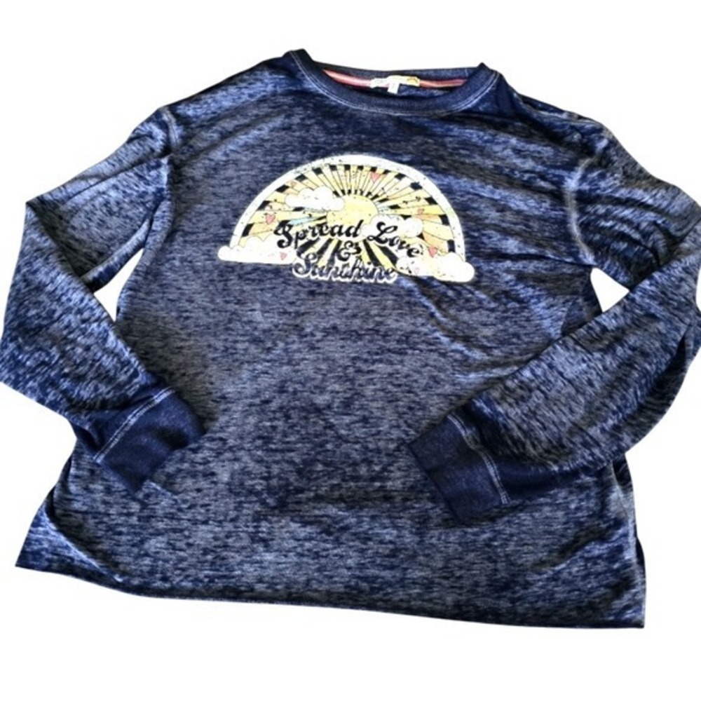 C&C California Womens Blue Burnout Spread Love‎ & Sunshine Rainbow Graphic Top S